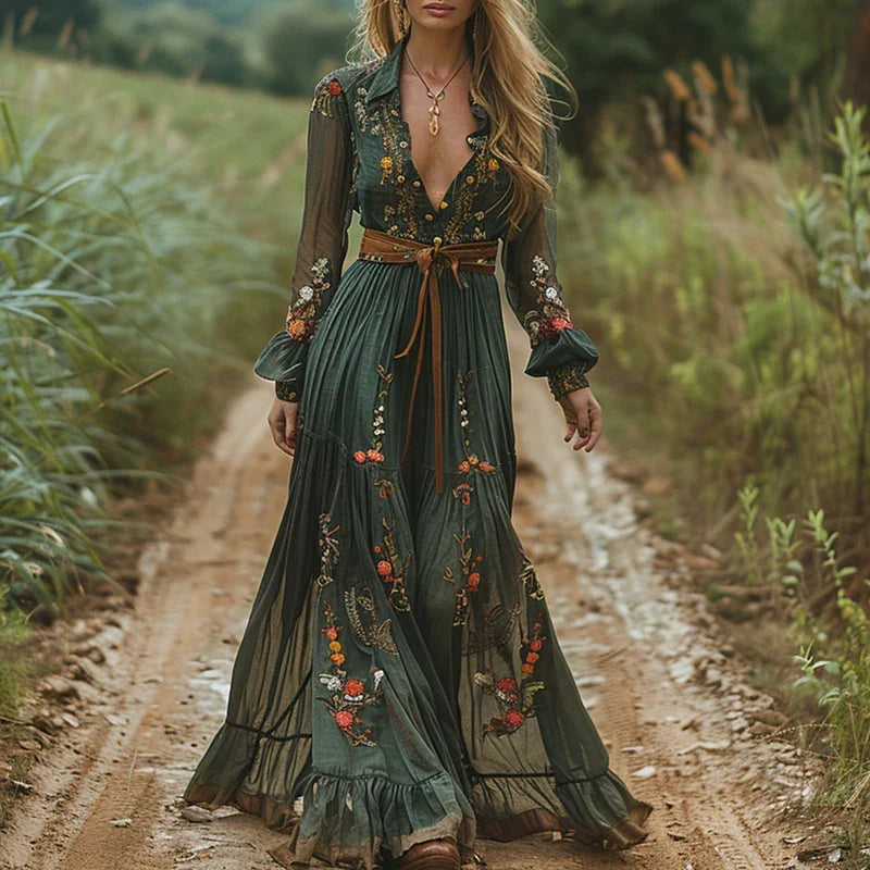 Elowira | Women’s Embroidered Long Sleeve Boho Maxi Dress