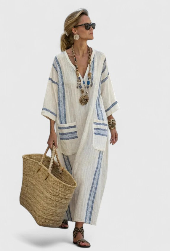 Serena | Women’s Contrast Stripe V-Neck Resort Kaftan Maxi Dress