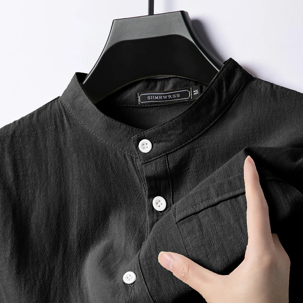 Caspian | Men’s Cotton-Linen Band Collar Popover Shirt