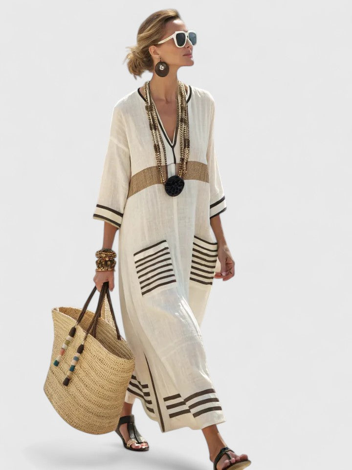 Serena | Women’s Contrast Stripe V-Neck Resort Kaftan Maxi Dress