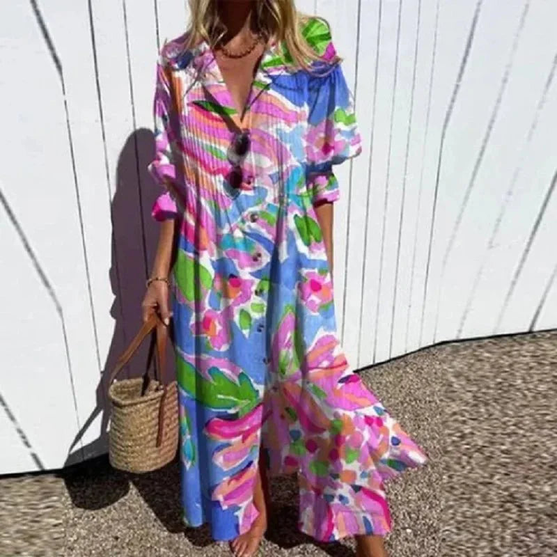 Celia | Button-Front Tropical Maxi Dress