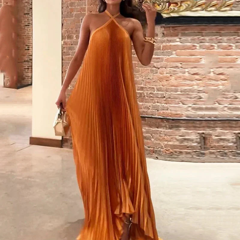 Celina | Elegant Pleated Halter Maxi Dress