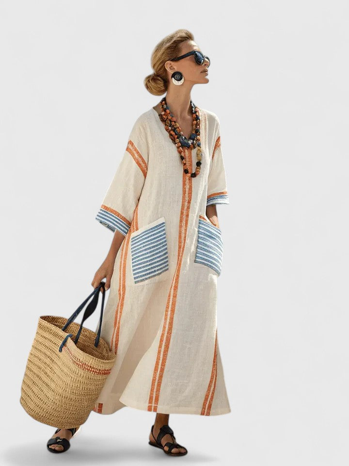 Serena | Women’s Contrast Stripe V-Neck Resort Kaftan Maxi Dress