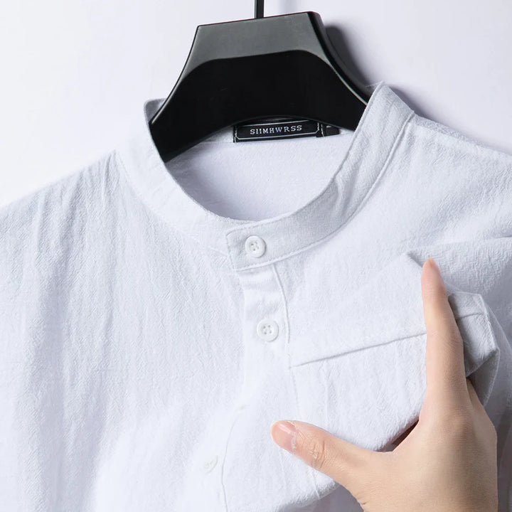 Caspian | Men’s Cotton-Linen Band Collar Popover Shirt