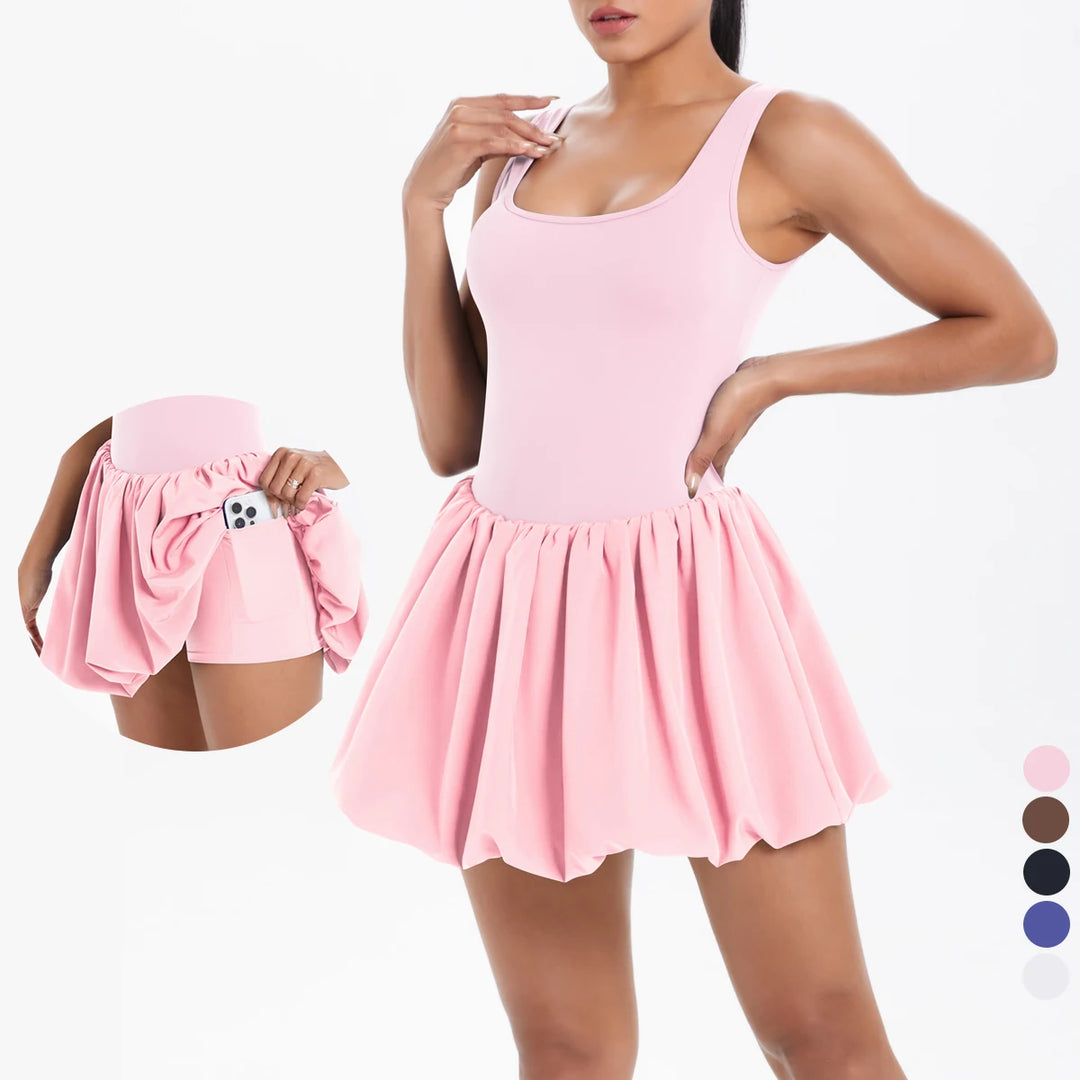 Chloe | Women’s Square-Neck Bubble-Hem Tennis Dress with Built-In Shorts