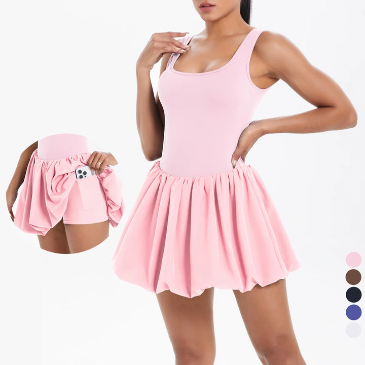 Chloe | Women’s Square-Neck Bubble-Hem Tennis Dress with Built-In Shorts