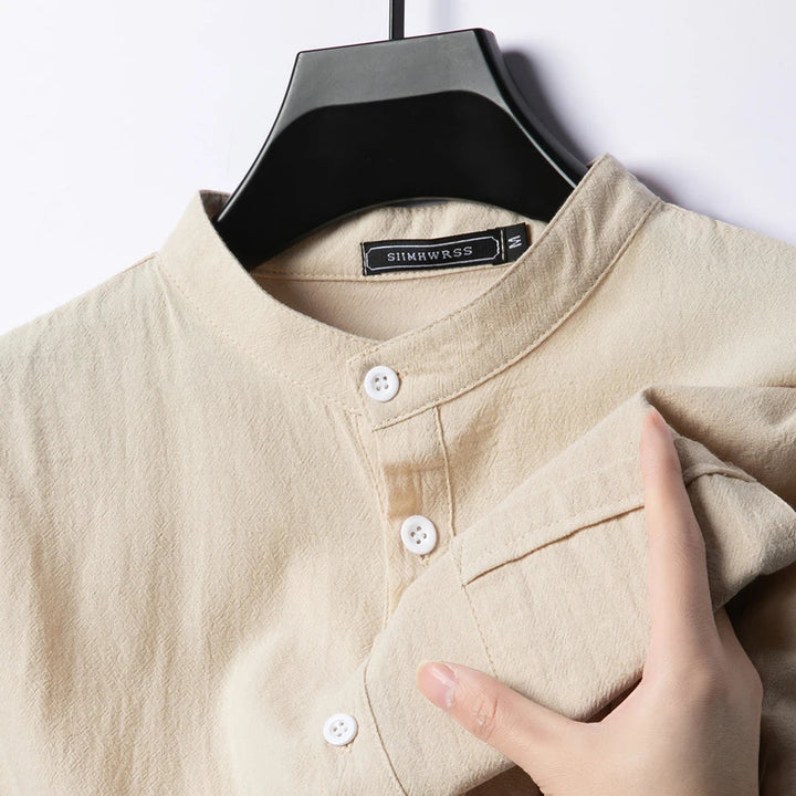 Caspian | Men’s Cotton-Linen Band Collar Popover Shirt