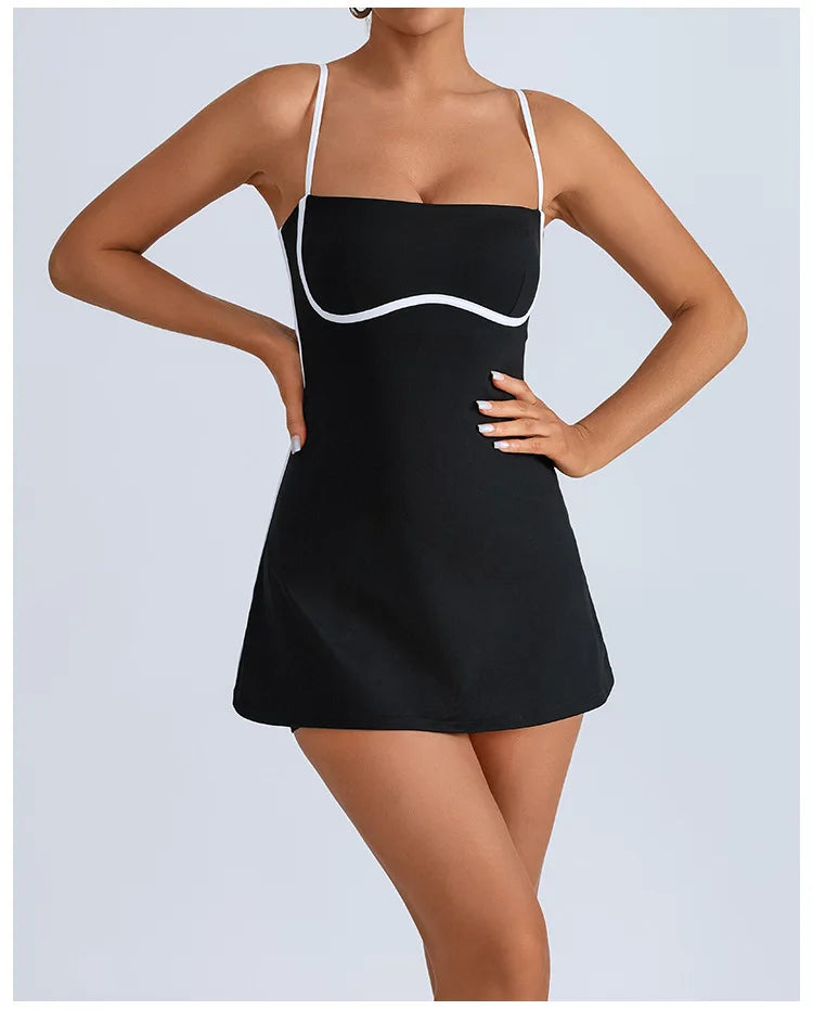 Isla | Women’s Contrast-Piped Spaghetti-Strap Pilates &amp; Active Dress