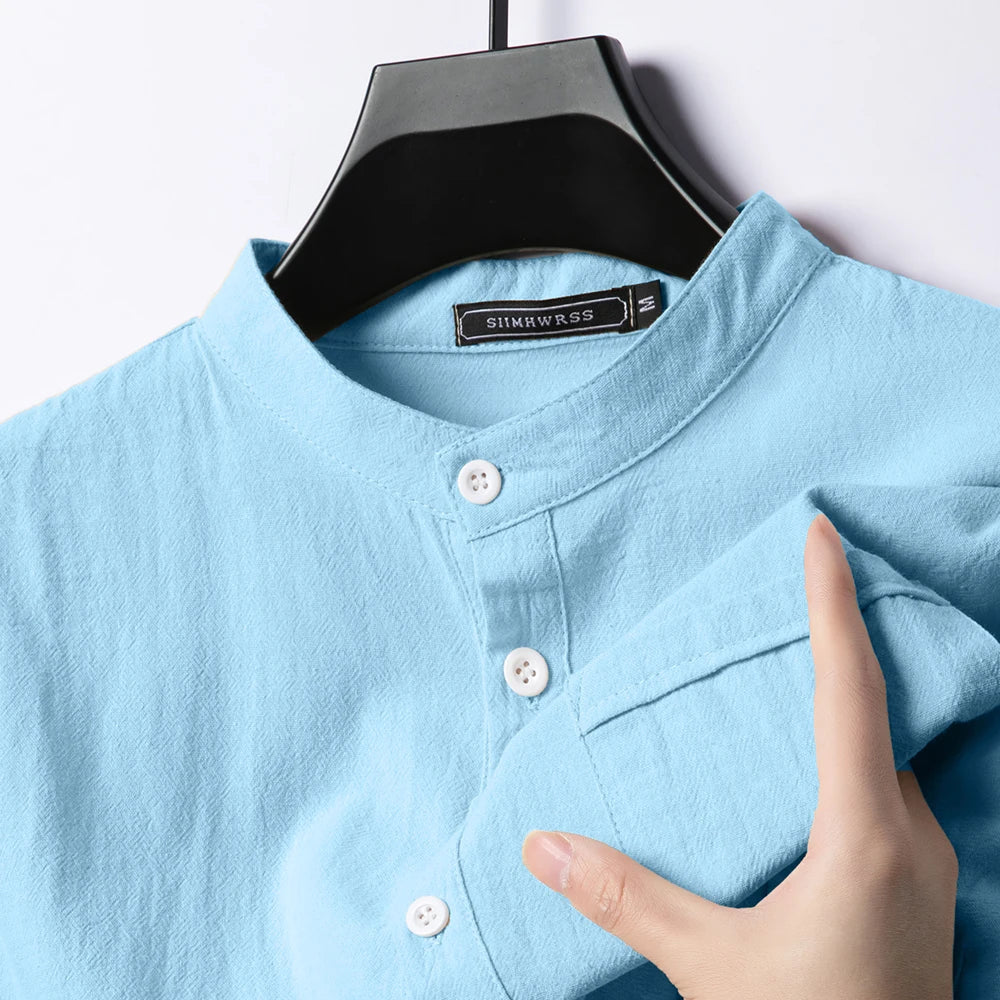 Caspian | Men’s Cotton-Linen Band Collar Popover Shirt