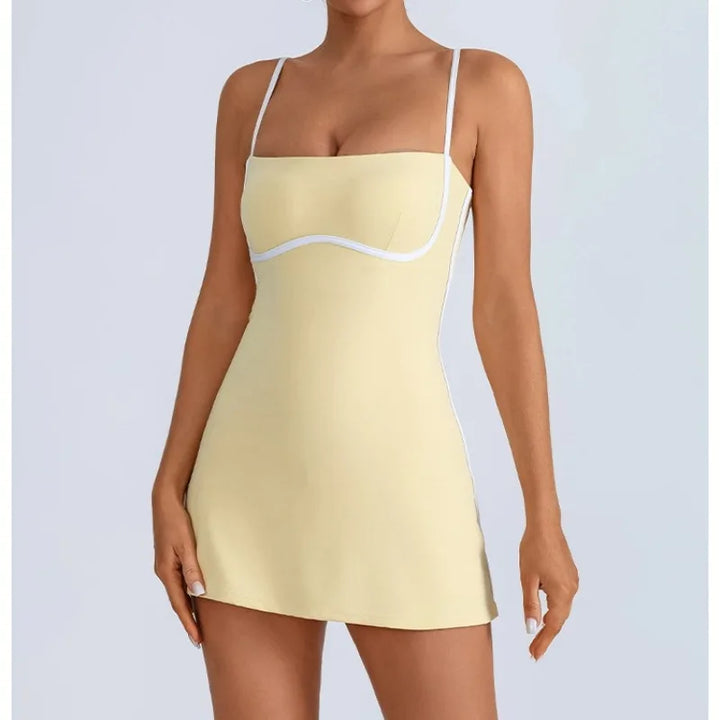 Isla | Women’s Contrast-Piped Spaghetti-Strap Pilates &amp; Active Dress