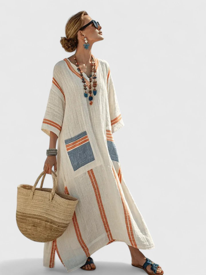 Serena | Women’s Contrast Stripe V-Neck Resort Kaftan Maxi Dress