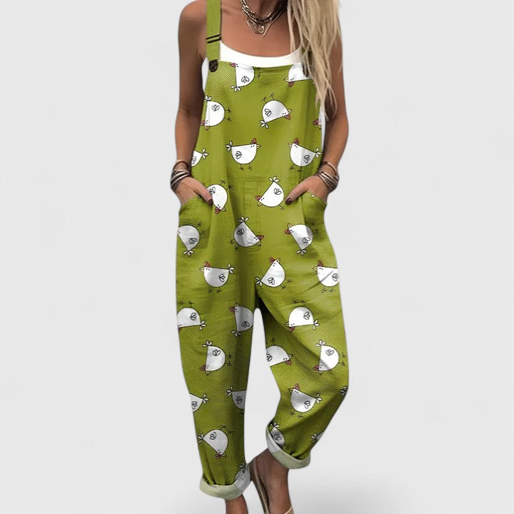 Zuri | Playful Chicken Print Overalls