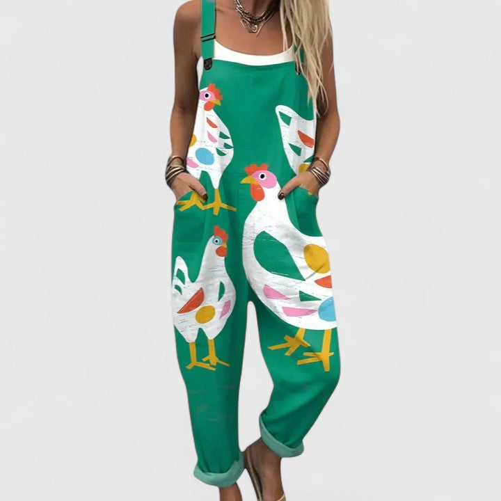 Zuri | Playful Chicken Print Overalls