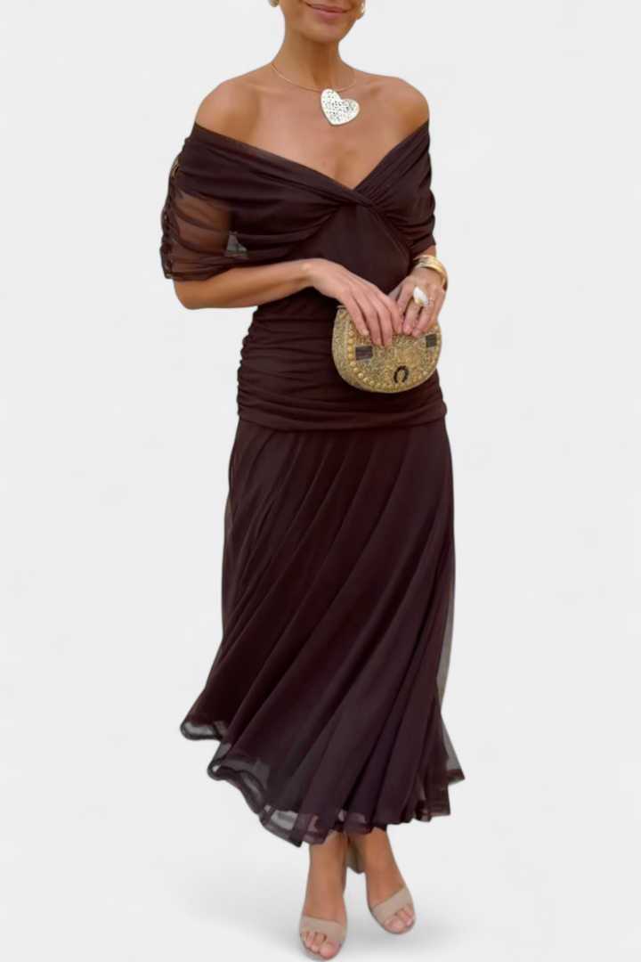 Gia | Women’s Off-the-Shoulder Ruched Mesh Evening Gown