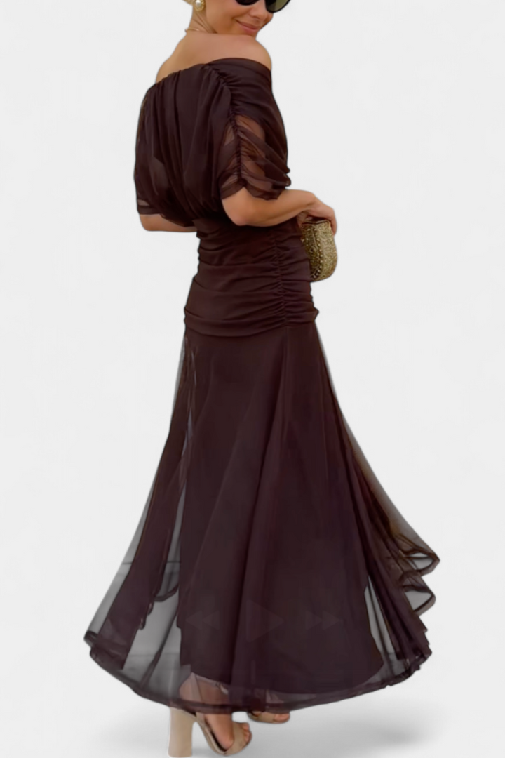 Gia | Women’s Off-the-Shoulder Ruched Mesh Evening Gown