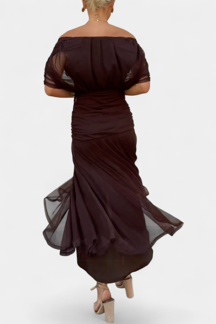Gia | Women’s Off-the-Shoulder Ruched Mesh Evening Gown