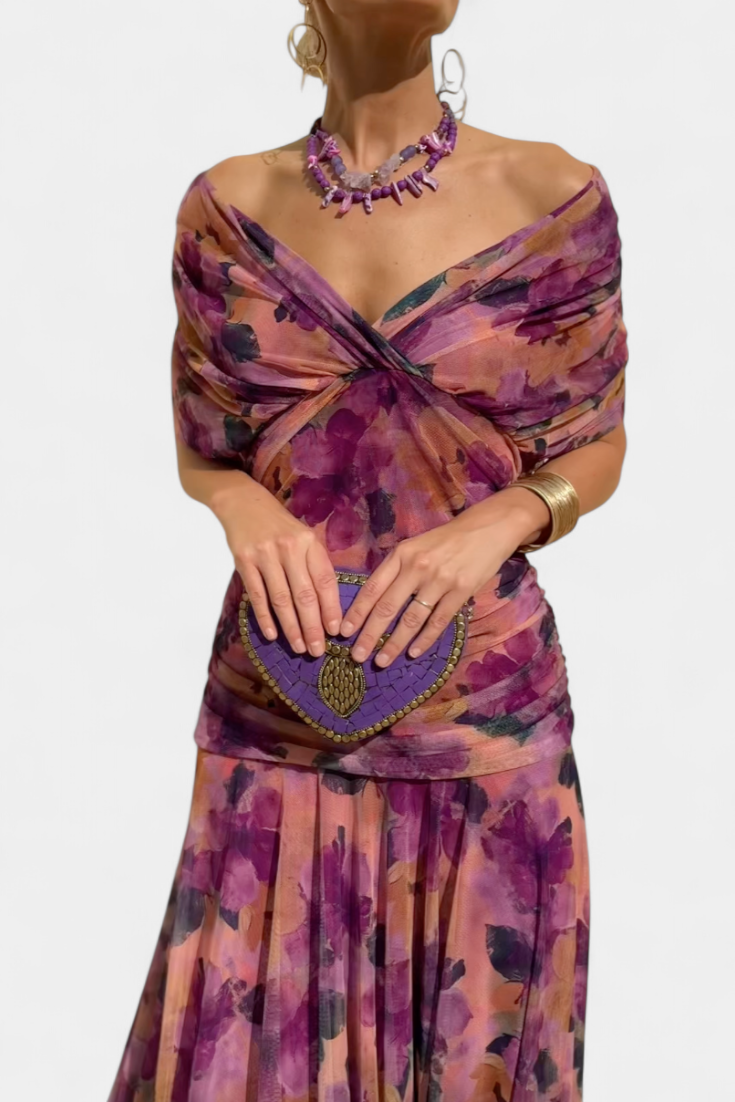 Gia | Women’s Off-the-Shoulder Ruched Mesh Evening Gown
