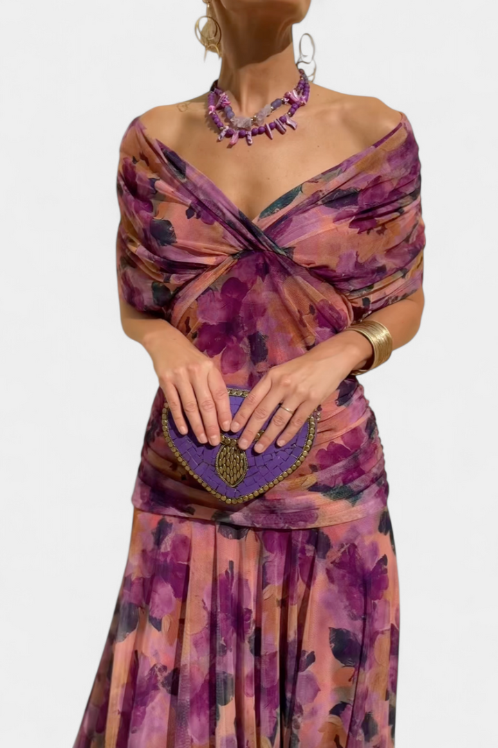 Gia | Women’s Off-the-Shoulder Ruched Mesh Evening Gown
