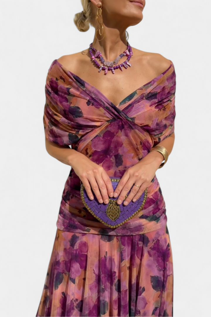Gia | Women’s Off-the-Shoulder Ruched Mesh Evening Gown