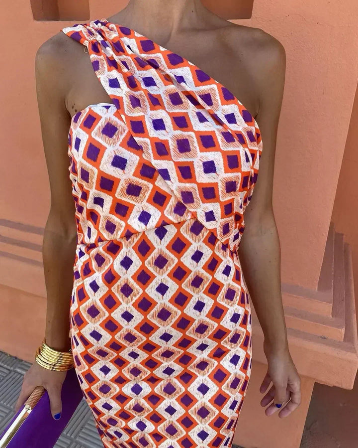 Selene | One-Shoulder Geometric Midi Dress