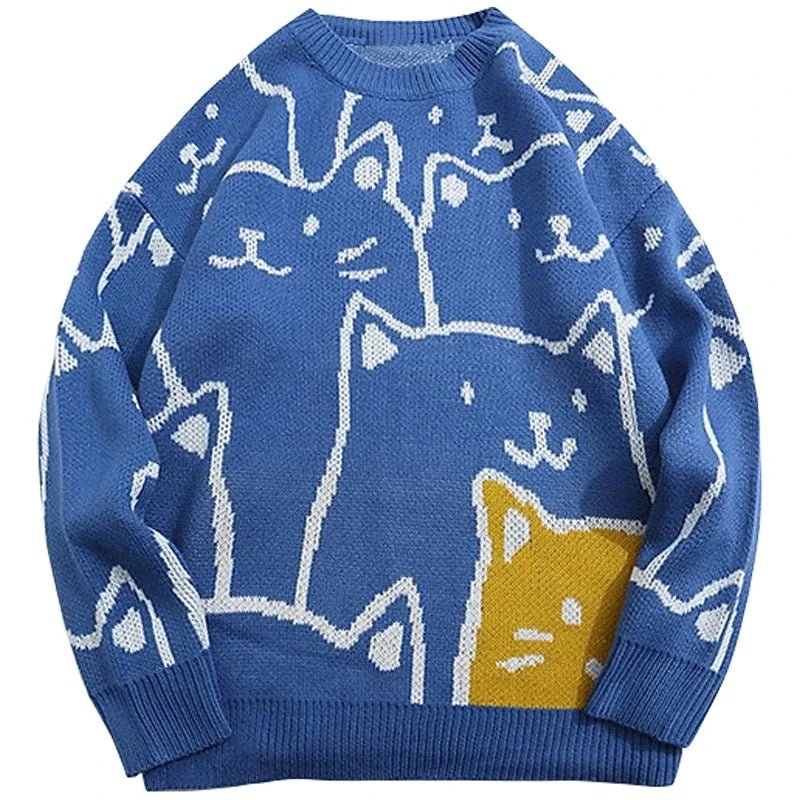 Blue sweater with white cat patterns on a white background