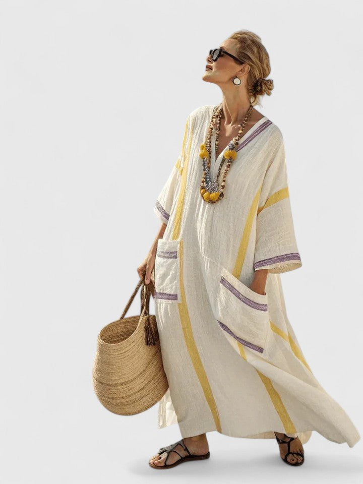 Serena | Women’s Contrast Stripe V-Neck Resort Kaftan Maxi Dress