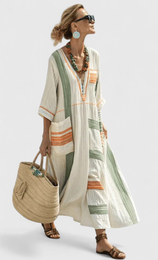 Serena | Women’s Contrast Stripe V-Neck Resort Kaftan Maxi Dress