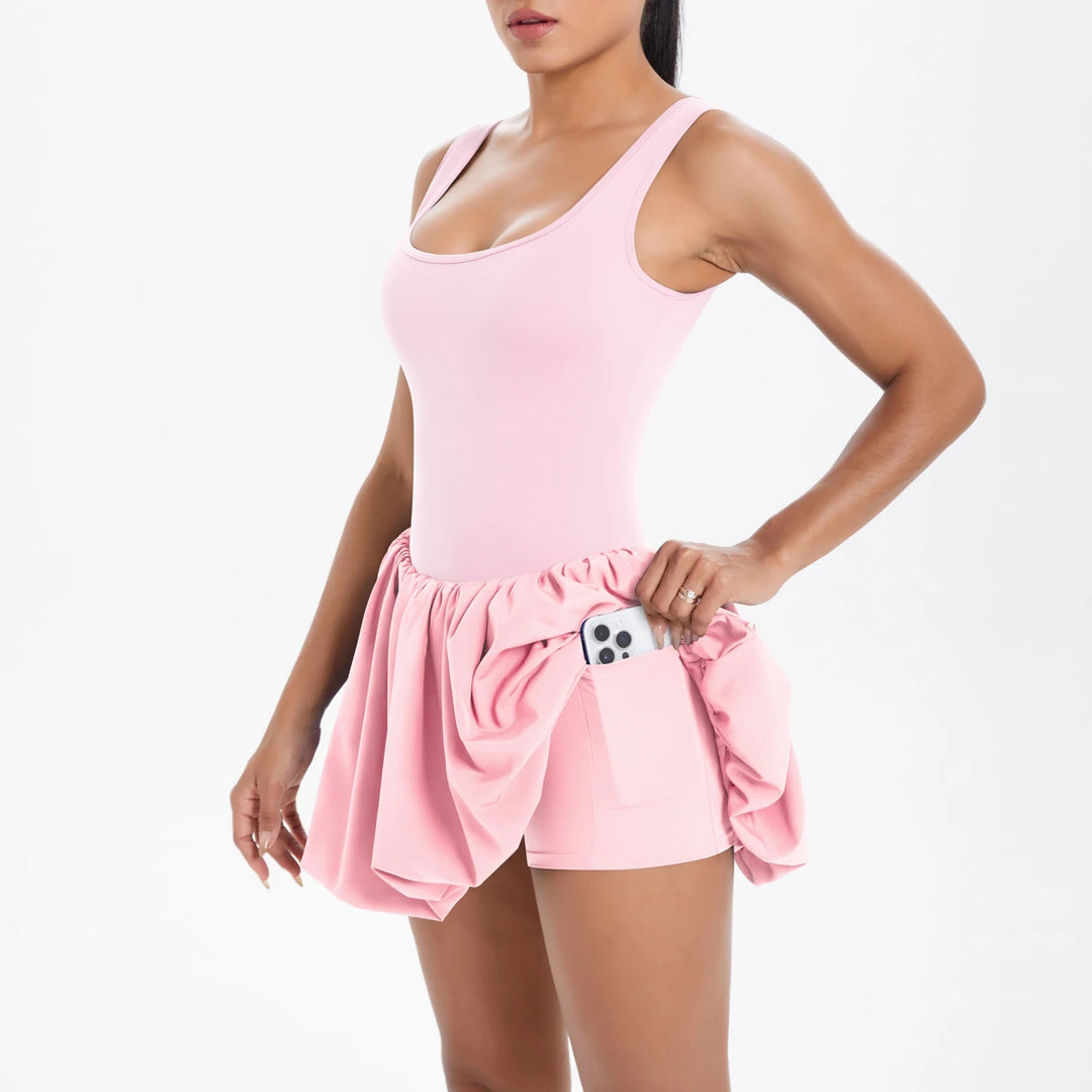 Chloe | Women’s Square-Neck Bubble-Hem Tennis Dress with Built-In Shorts