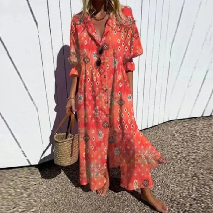 Celia | Button-Front Tropical Maxi Dress