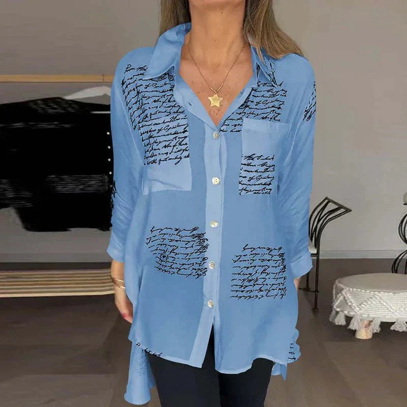 Elara | Script Print Button Blouse
