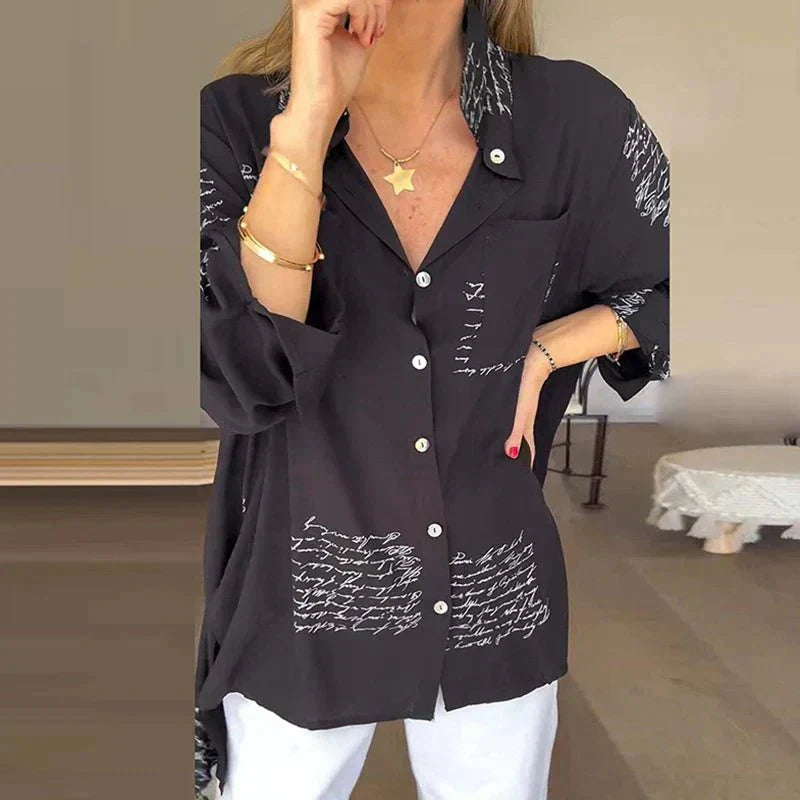 Elara | Script Print Button Blouse
