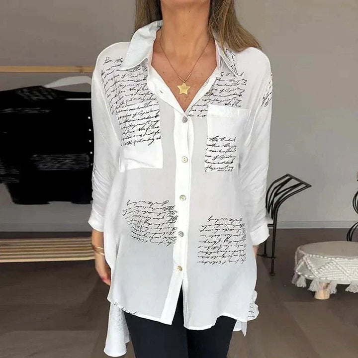 Elara | Script Print Button Blouse