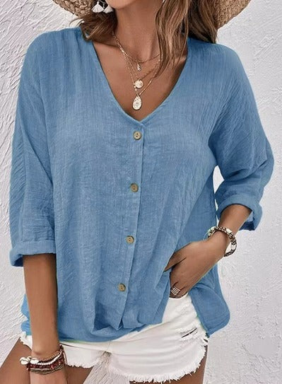 Lunara | Button-Front V-Neck Relaxed Blouse