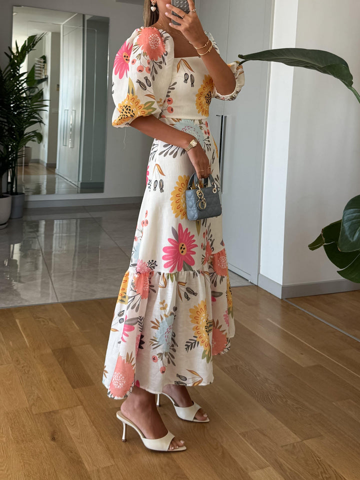 Floral Square-Neck Puff Sleeve Maxi Dress