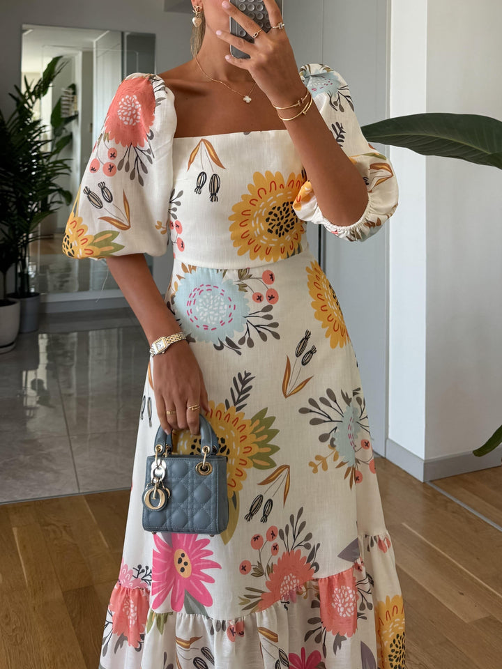 Floral Square-Neck Puff Sleeve Maxi Dress