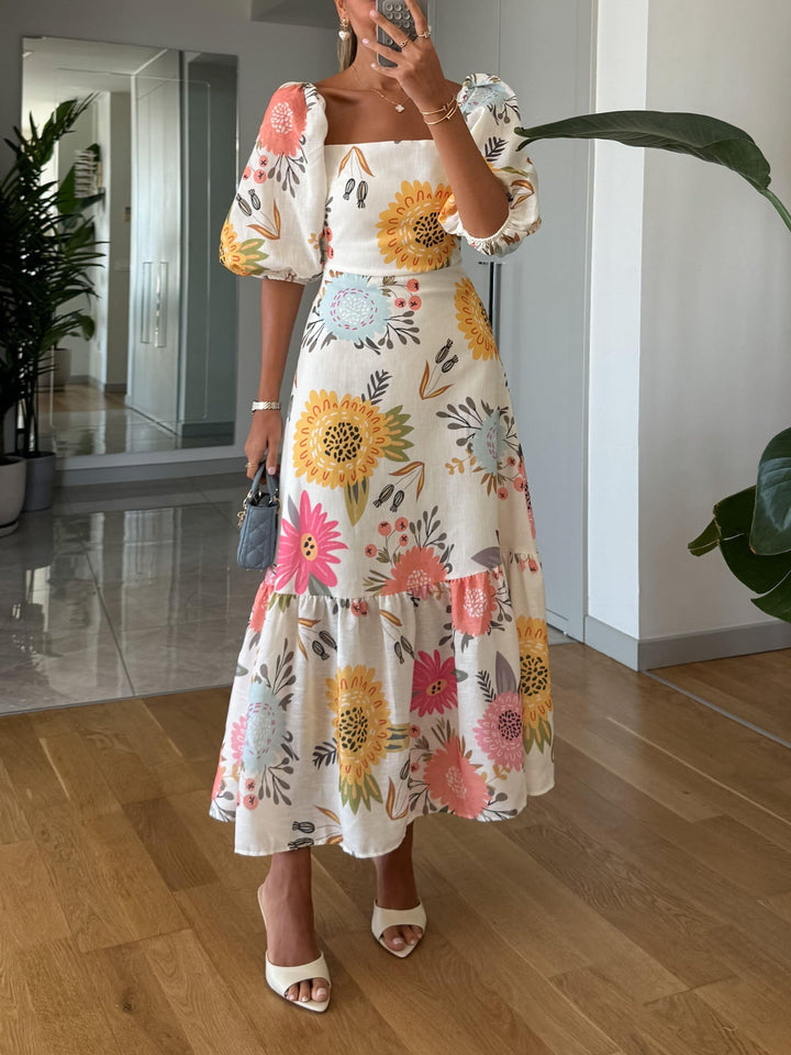 Floral Square-Neck Puff Sleeve Maxi Dress