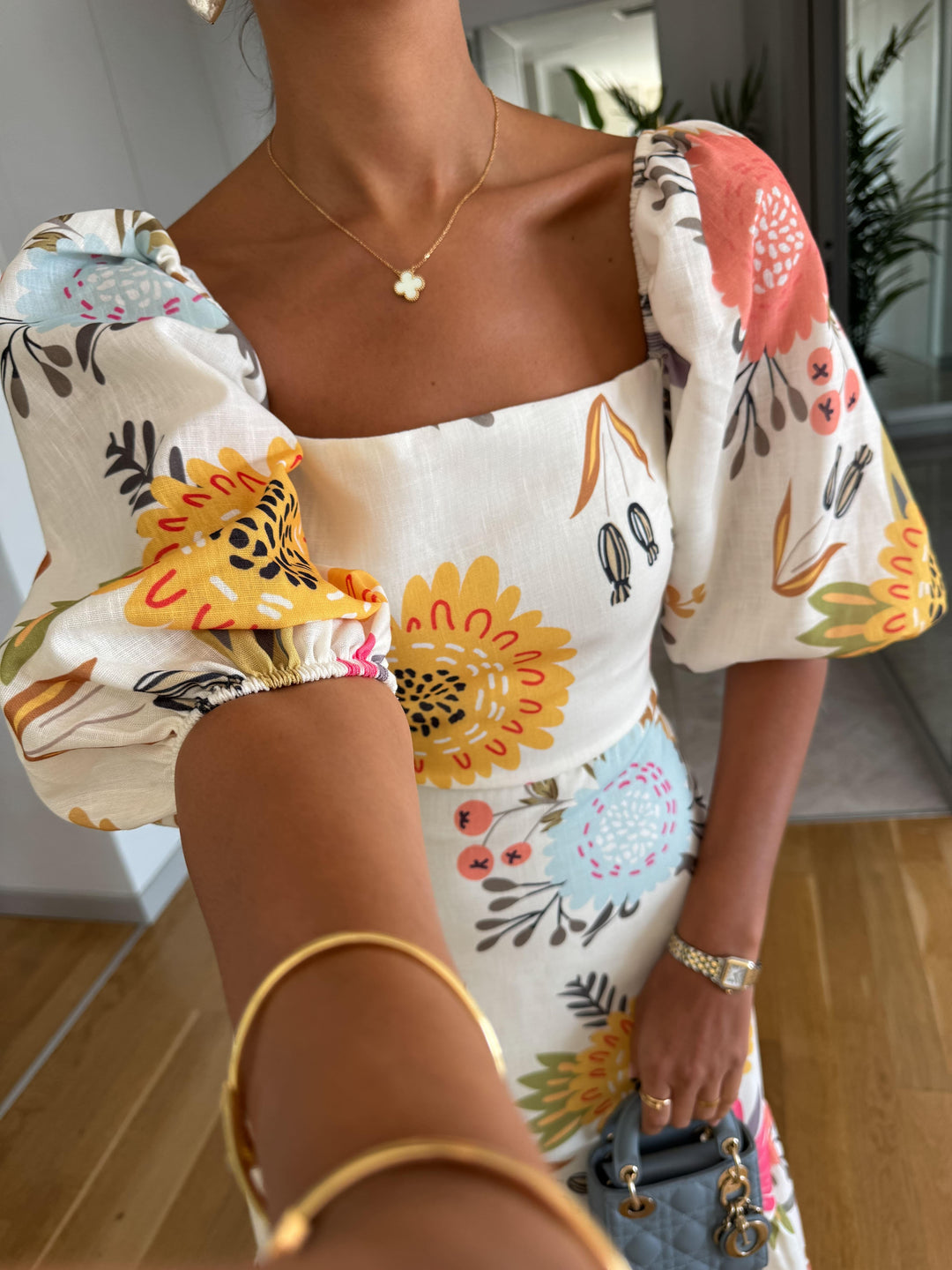 Floral Square-Neck Puff Sleeve Maxi Dress