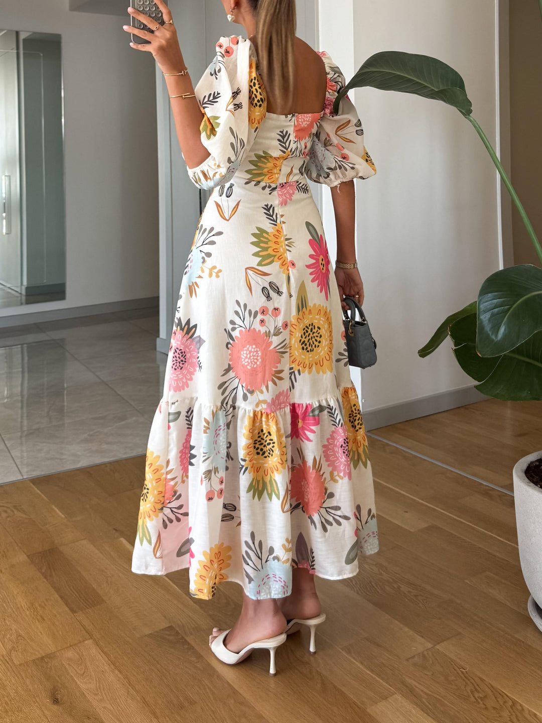 Floral Square-Neck Puff Sleeve Maxi Dress