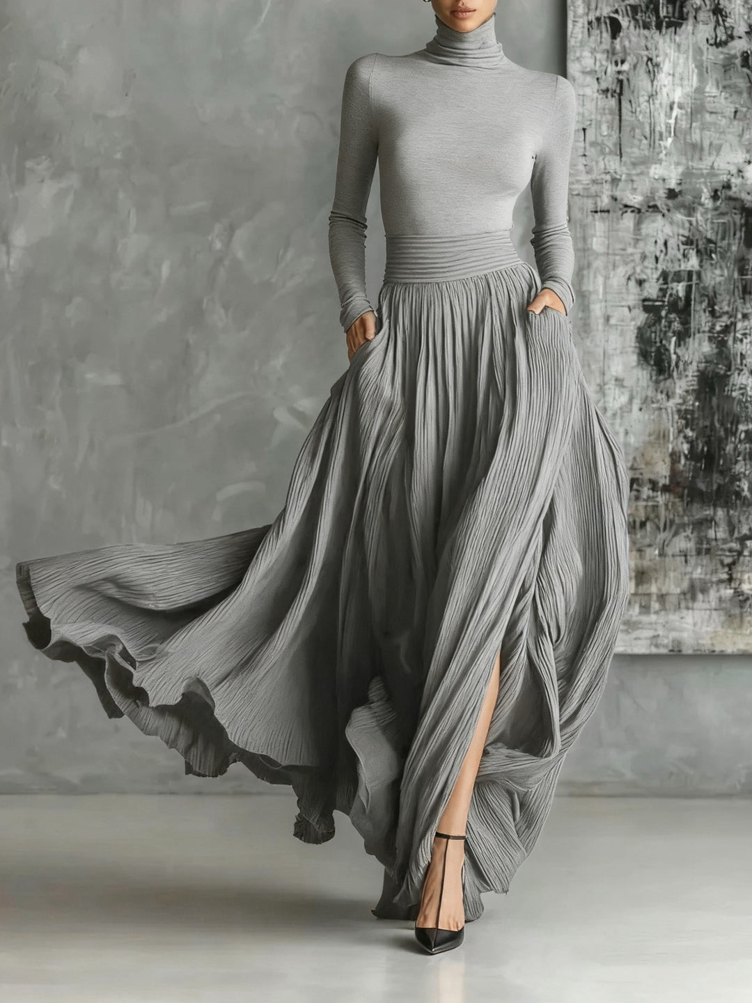 Pleated High-Neck Maxi Gown