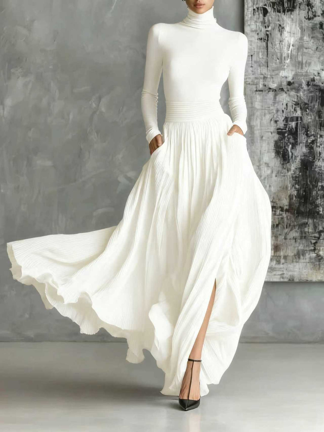 Pleated High-Neck Maxi Gown