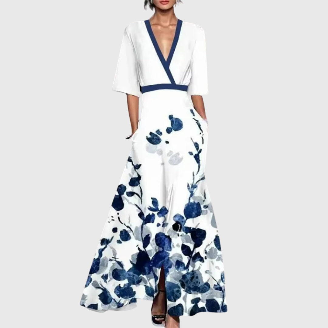 Elara | Women’s V-Neck Botanical Border Print Resort Maxi Dress