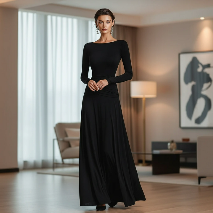 Black Long-Sleeve Sculpted Maxi Gown