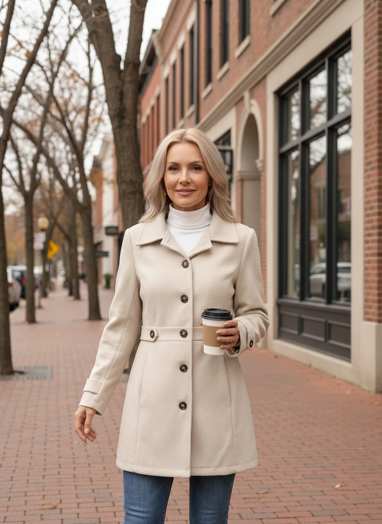 Woman in a beige midi trenchcoat