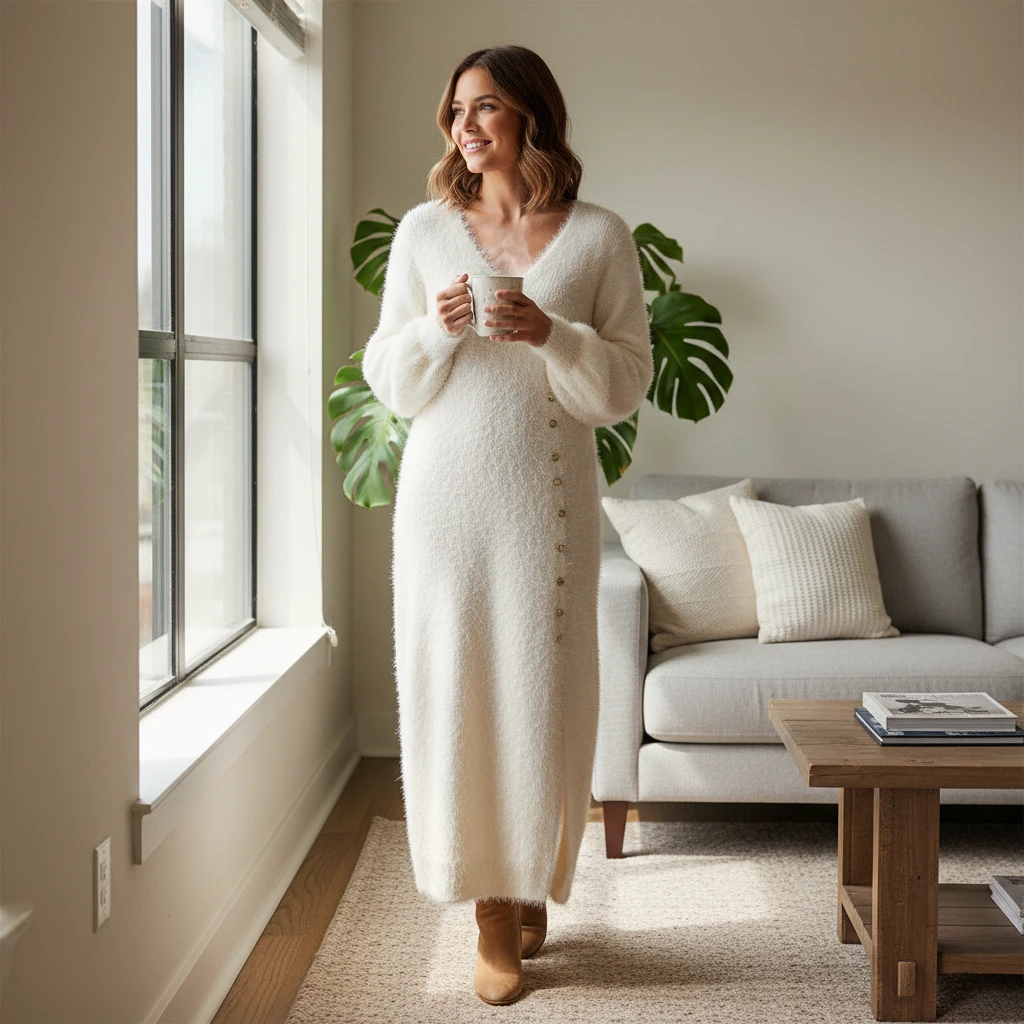 Fuzzy Button-Detail Maxi Dress