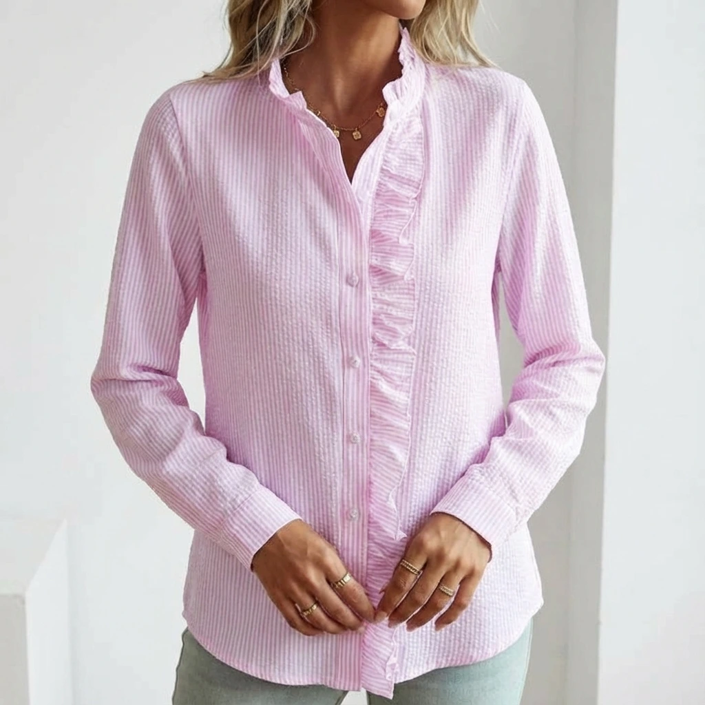 Women's Ruffled Stripe Button Shirt