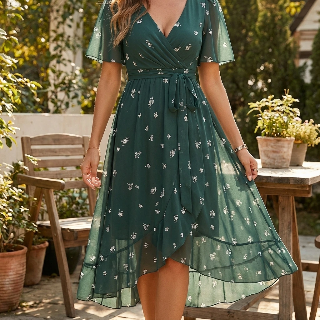 Women's Stylish Spring Wrap Midi Dress