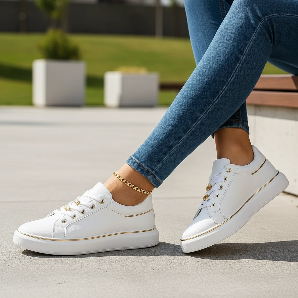 Women’s White Gold-Detail Sneakers