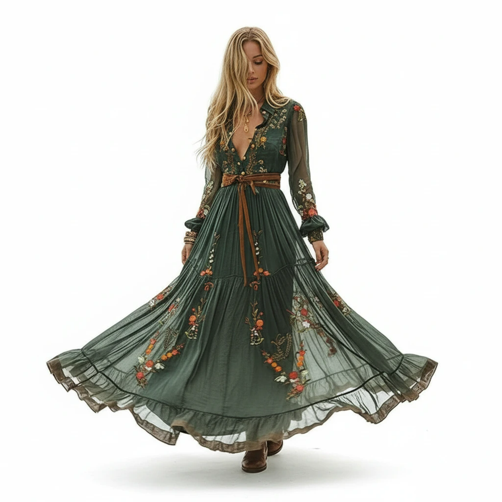 Elowira | Women’s Embroidered Long Sleeve Boho Maxi Dress