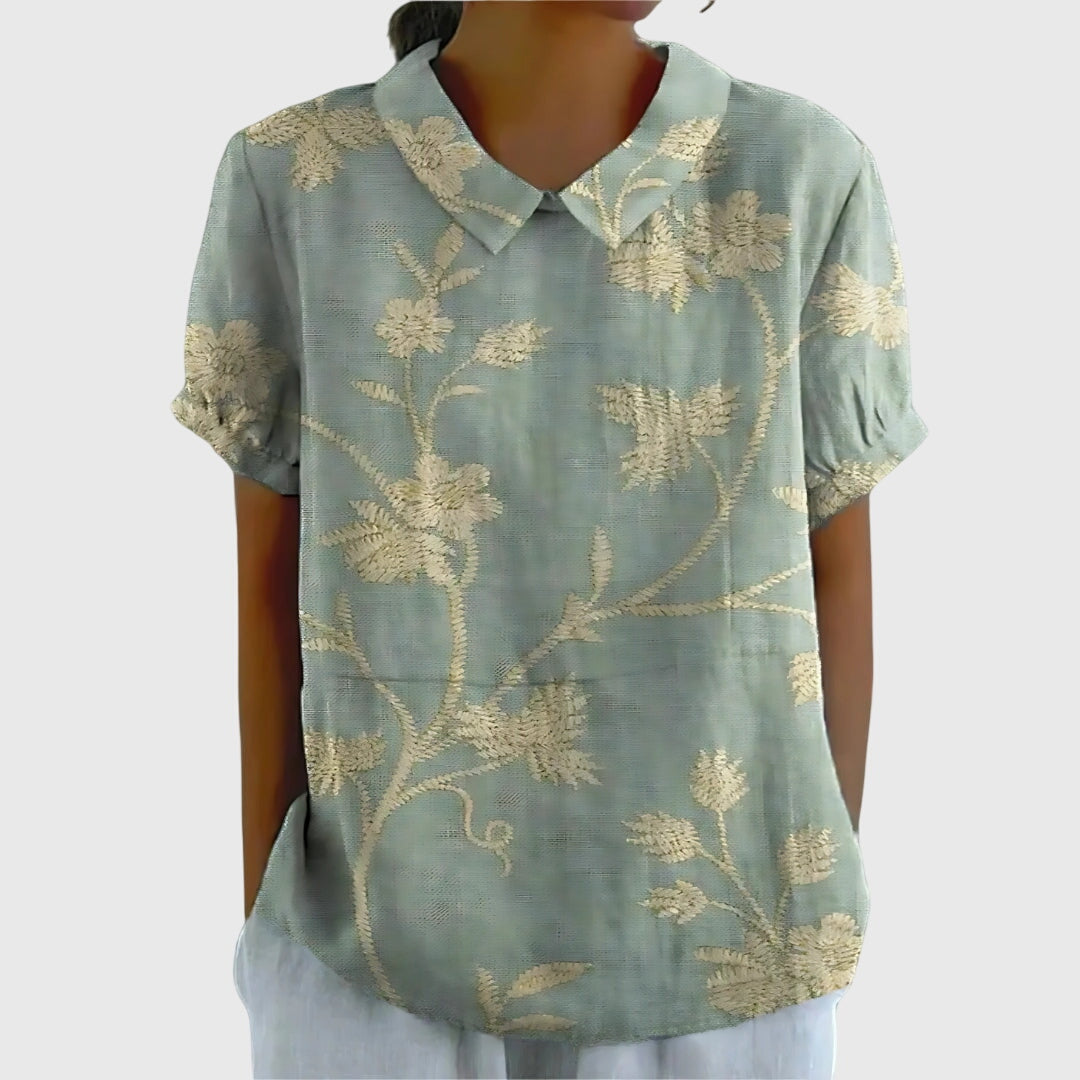 Cora | Women’s Vertical Botanical Print Collared Popover Blouse