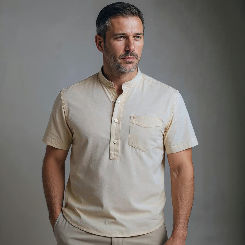 Caspian | Men’s Cotton-Linen Band Collar Popover Shirt